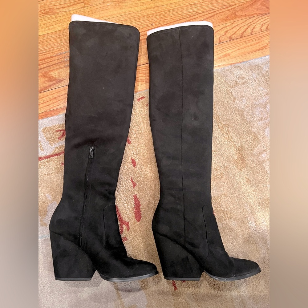 CALVIN KLEIN  I  Black Faux Suede Black Over the Knee Wedge Heel Boots, Size 8M